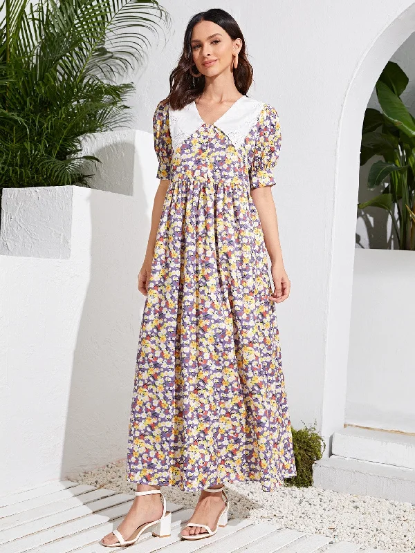 Floral Eyelet Embroidery Short Sleeve Peter Pan Collar Flared High Waist Long Dress