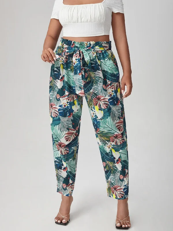 Tropical Paper Bag Waist Long Plus Size Pants