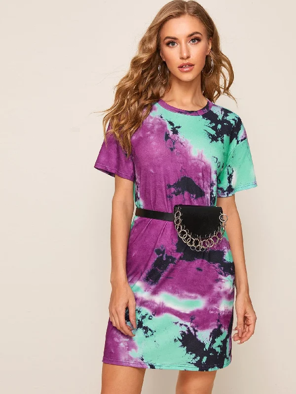 Tie Dye Short Sleeve Round Neck Straight Natural Short Dress