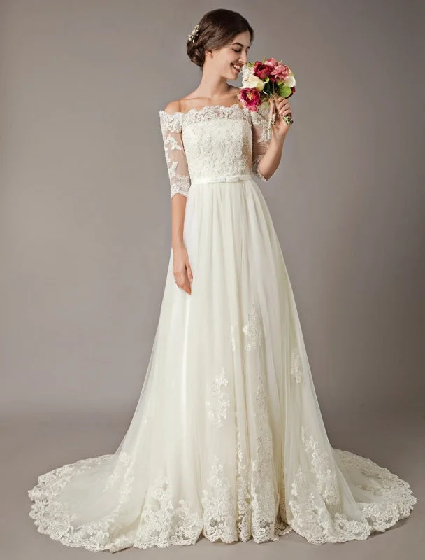 Wedding Dresses Ivory Off The Shoulder Half Sleeve Lace Beaded Bow Sash Tulle Bridal Gowns With Train