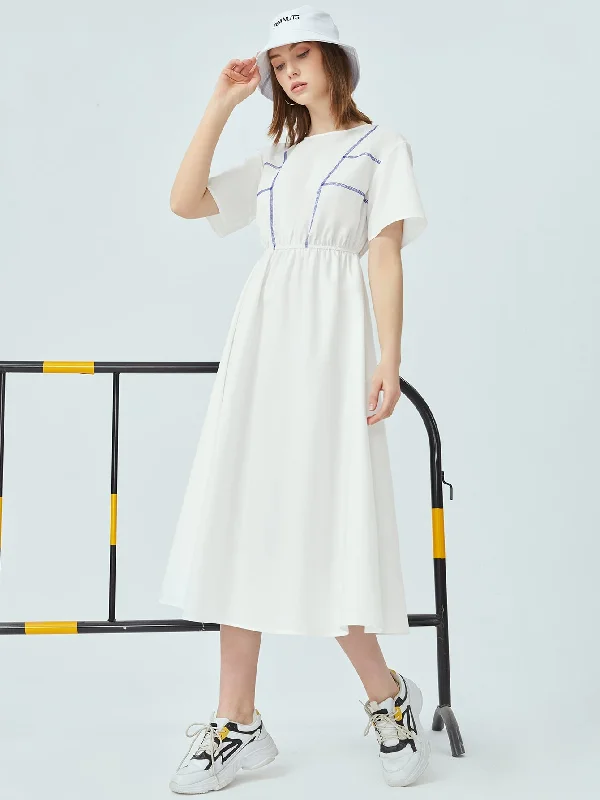 Button Short Sleeve Round Neck Flared High Waist Long Dress