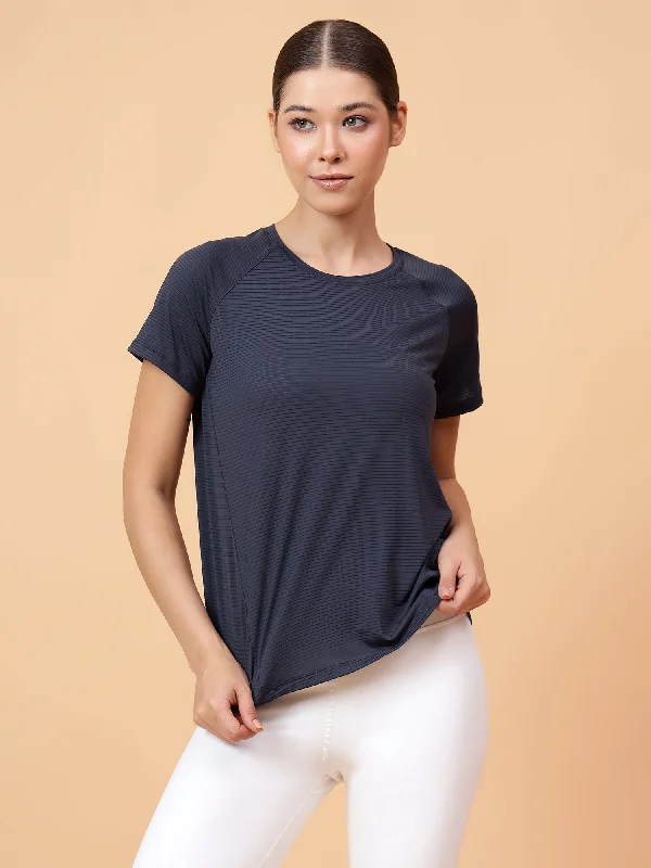 Fitkin Women Grey Self Stripe Round Neck Tshirt