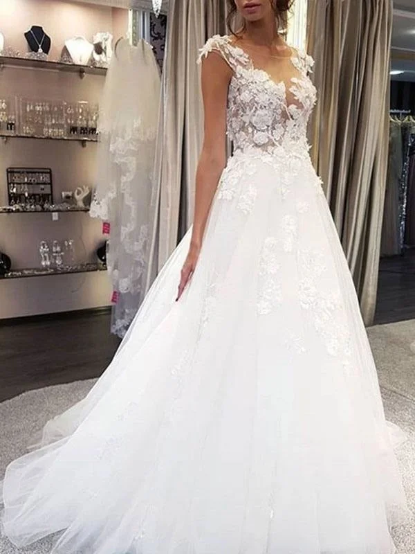 Wedding Dress Jewel Neck Sleeveless Lace Flora A Line Tulle Bridal Gowns For Beach Wedding