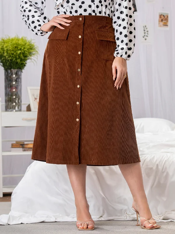 Plain Button Front Midi Plus Size Skirt