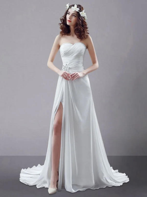 White Wedding Dress Strapless Twisted Split Rhinestone Chiffon Wedding Gown