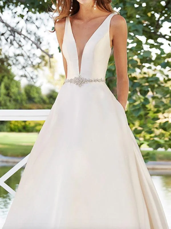 Wedding Dresses A Line Floor Length Sleeveless Beaded V Neck Backless Satin Fabric Bridal Gowns Train Dress