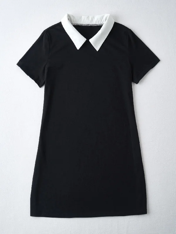 Preppy Colorblock Contrast Collar Short Sleeve Collar Straight Natural Short Plus Size Dress