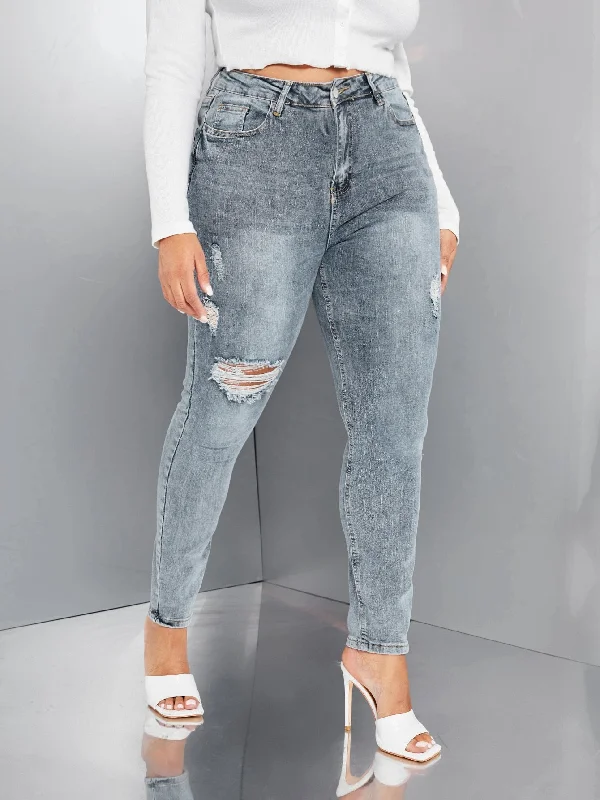 Plain Zipper High Waist Long Plus Size Jeans