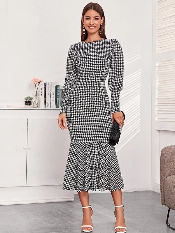 Houndstooth Zipper Long Sleeve Round Neck Mermaid Natural Long Dress