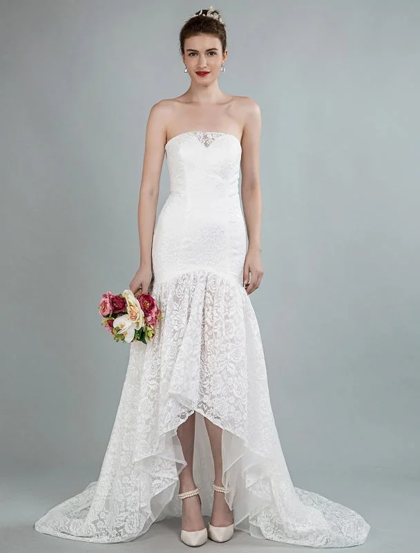 Simple Wedding Dress Strapless Sleeveless Lace Mermaid Bridal Gowns With Train