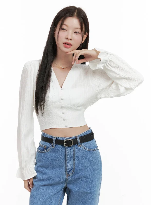 Frill Sleeve V-Neck Crop Shirt OG416