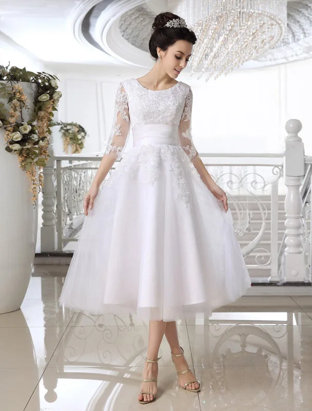 Simple Wedding Dresses 2021 Short Lace Applique Illusion Half Sleeve Tea Length Bridal Dress Exclusive