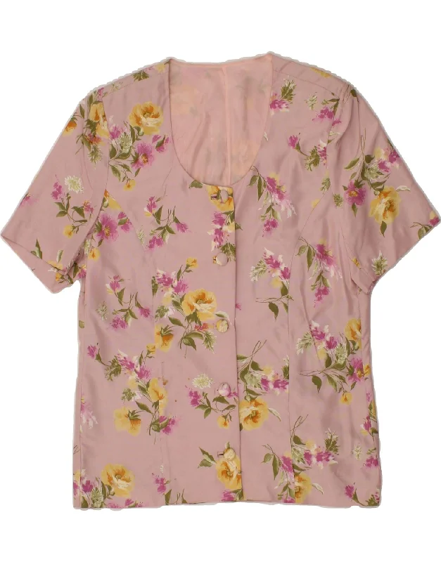 VINTAGE Womens Short Sleeve 5 Button Blazer Jacket IT 46 Large Pink Floral Laid - back Women's Vibe VINTAGE Womens Short Sleeve 5 Button Blazer Jacket IT 46 Large Pink Floral Laid - back Women's Vibe
