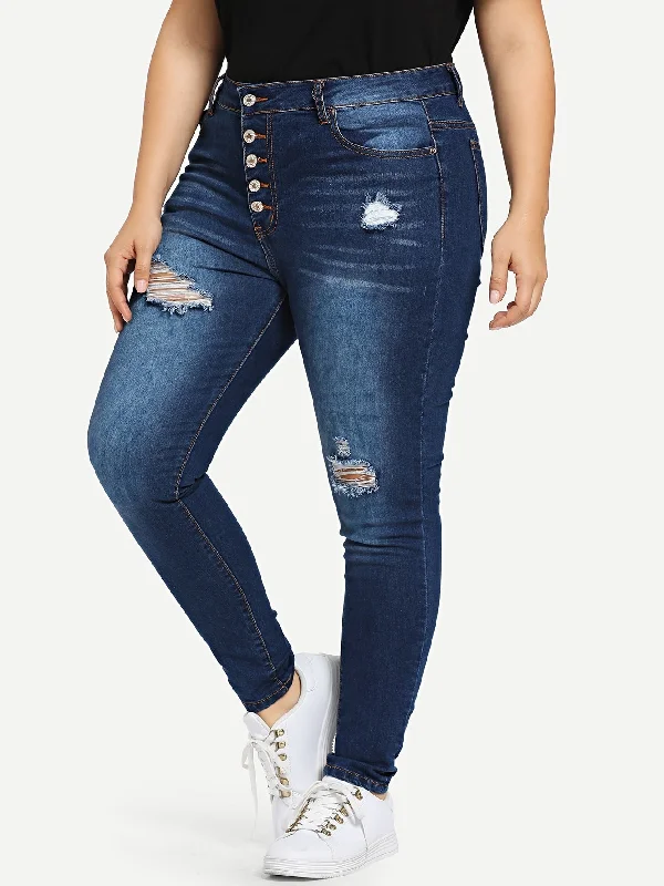 Plain Zipper Natural Long Plus Size Jeans