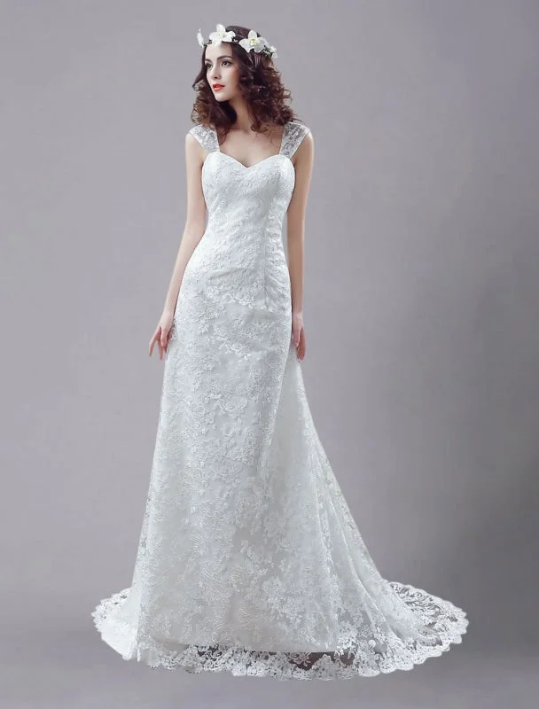 White Wedding Dress Queen Anne Mermaid Backless Lace Wedding Gown