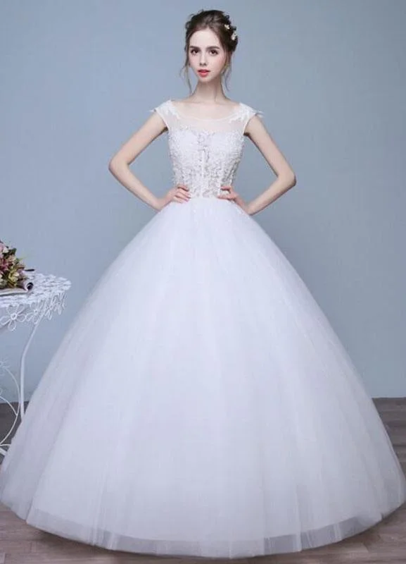 Ivory Wedding Dresses A-Line Lace Applique Round Neck Keyhole Floor Length Bridal Dresses