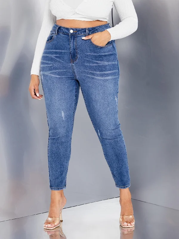 Plain Button Front High Waist Cropped Plus Size Jeans