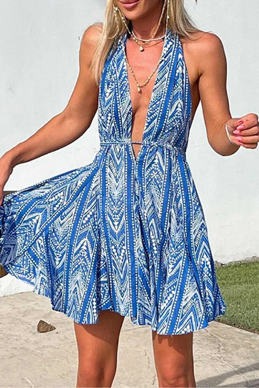 TastyHottie - Blue Printed Halter Backless Dress