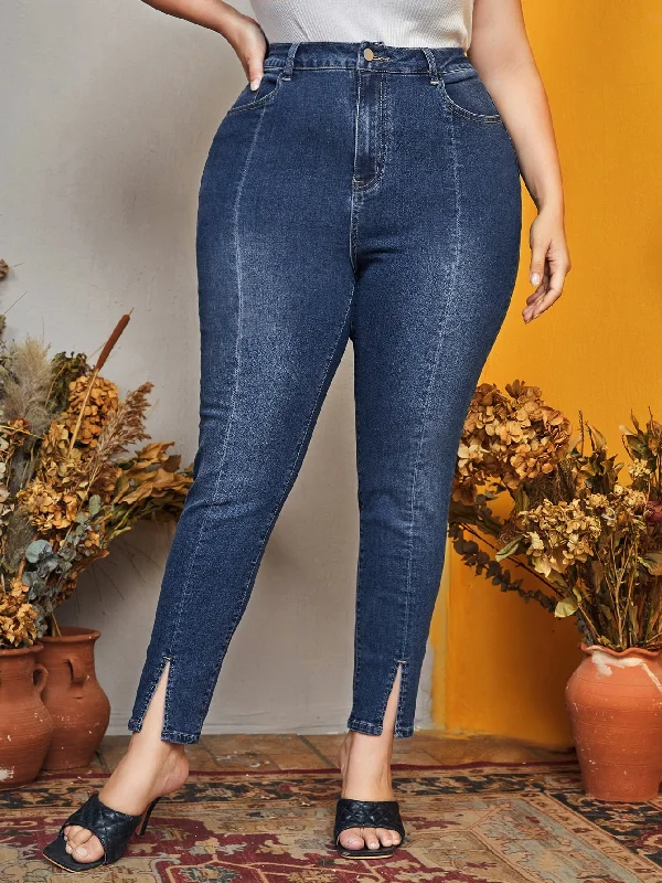 Plain Zipper High Waist Long Plus Size Jeans