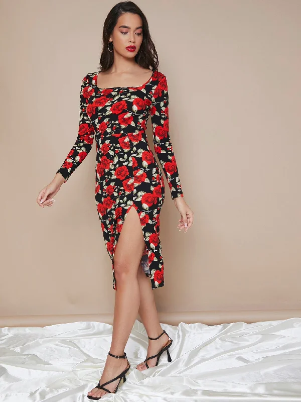 Floral Split Thigh Long Sleeve Scoop Neck Slit High Waist Midi Dress