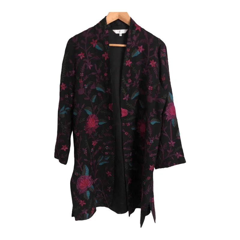 East 100% Wool Long Sleeve Open Front Embroidered Jacket Black Multi Size S/M Sleek Women's Metallic East 100% Wool Long Sleeve Open Front Embroidered Jacket Black Multi Size S/M Sleek Women's Metallic
