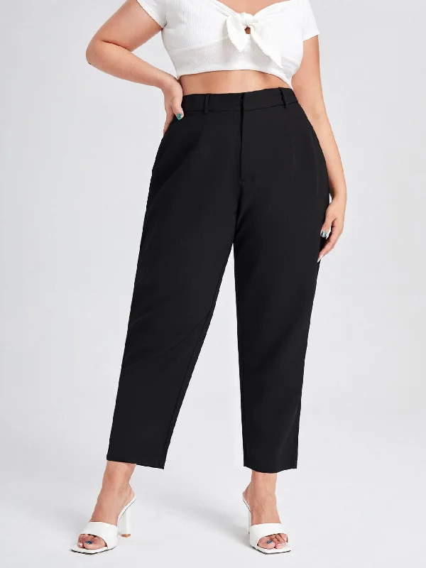 Plain Zipper Cropped Plus Size Pants