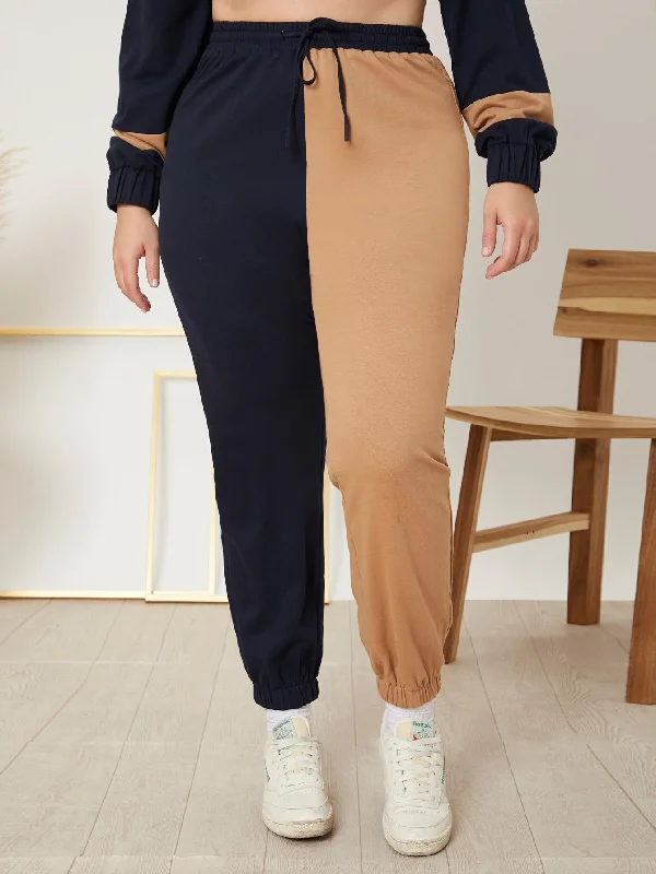 Colorblock Drawstring High Waist Cropped Plus Size Sweatpants