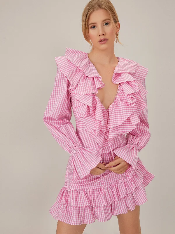 Gingham Asymmetrical Long Sleeve Deep V Neck Layered/Tiered High Waist Short Dress