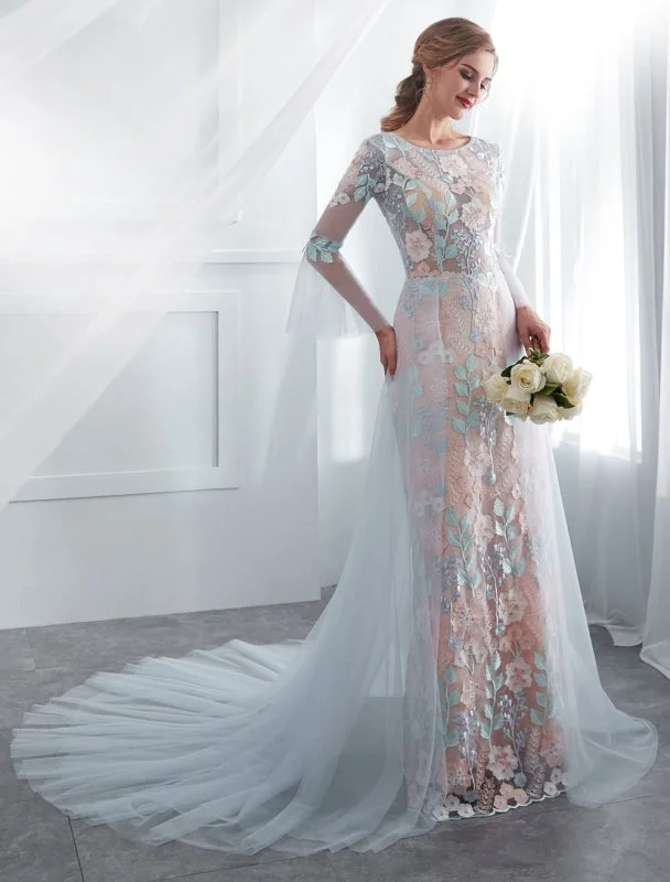 Colored Wedding Dresses Baby Blue Lace Long Sleeve Bridal Dress With Train