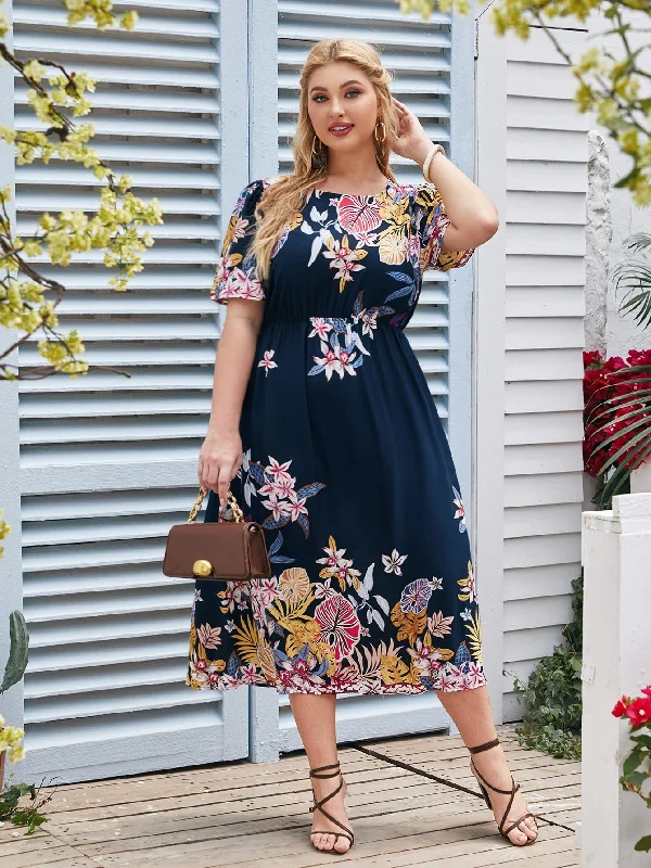 Modest Floral Short Sleeve Round Neck Flared High Waist Long Plus Size Dress