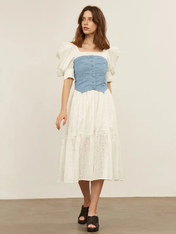 Colorblock Eyelet Embroidery Short Sleeve Square Neck Flounce High Waist Long Dress