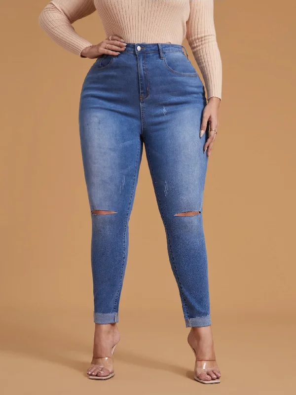 Plain Zipper High Waist Cropped Plus Size Jeans