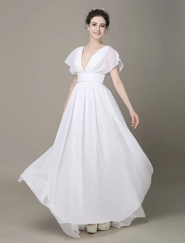 Plunging Chiffon Beach Wedding Dress A-Line Ivory V-Neck Pleated Belt Short Sleeves Bridal Dress With Court Train Exclusive