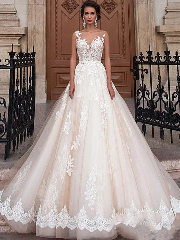 Wedding Dresses 2021 Jewel Illusion Neck Sleeveless A Line Lace Flora Applique Bridal Gowns With Train