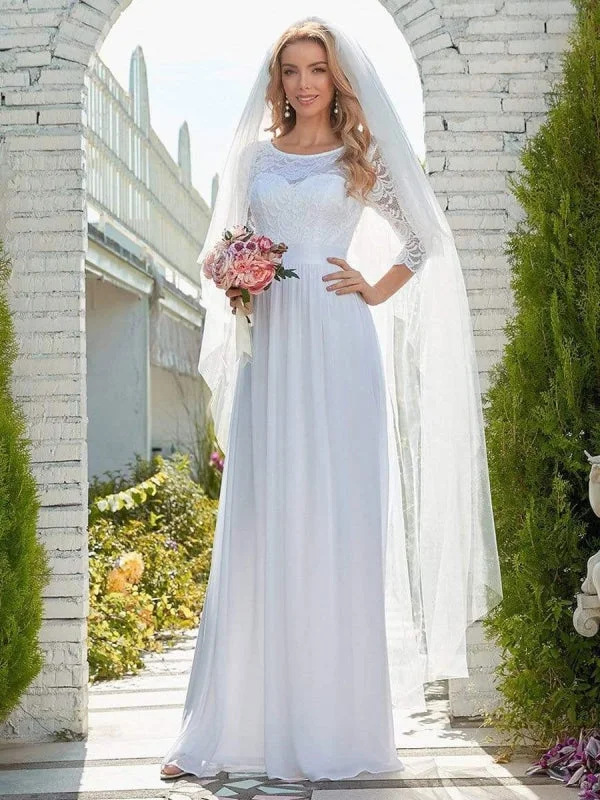 White Simple Wedding Dress Lace Jewel Neck Lace Chiffon Half Sleeves Natural Waist A-Line Bridal Dresses