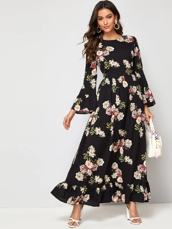 Floral Zipper Long Sleeve Boat Neck Flounce High Waist Maxi Dress