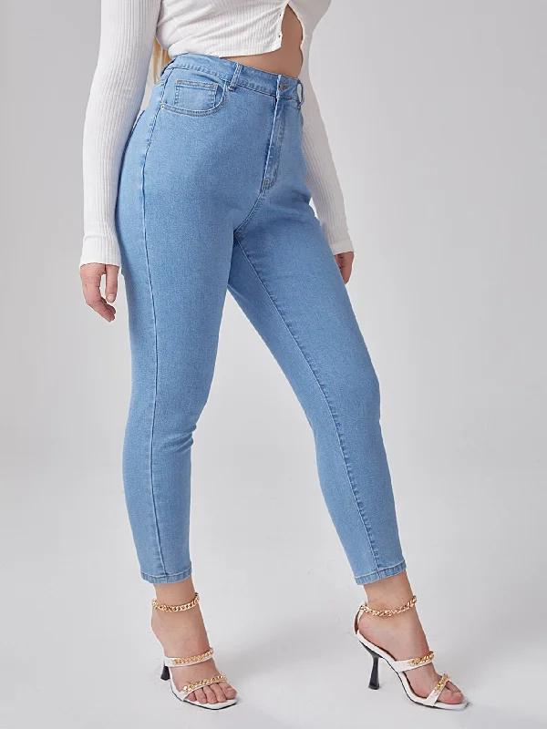 Plain Zipper High Waist Cropped Plus Size Jeans