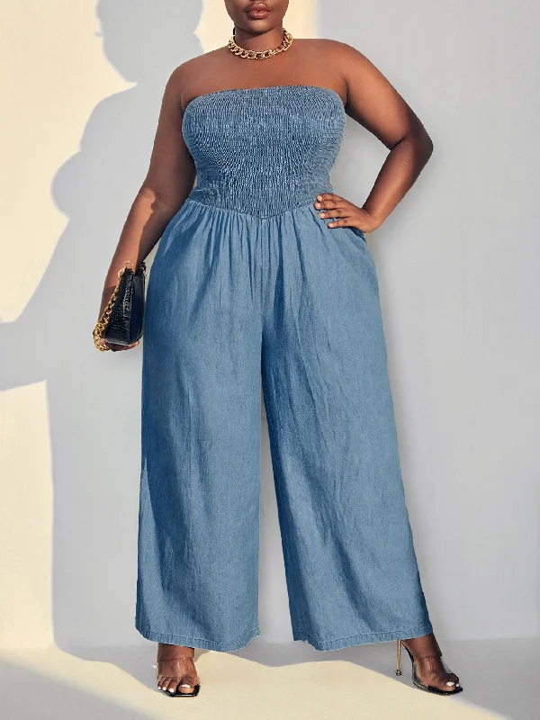 Plain Shirred Sleeveless Strapless High Waist Long Plus Size Denim Overalls