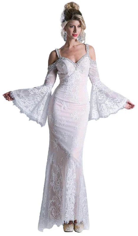 Ladivine 13112 - Adorned Lace Long Bell Sleeve Sheath Dress