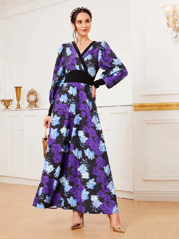 All Over Print Wrap Long Sleeve V Neck Flared High Waist Maxi Dress