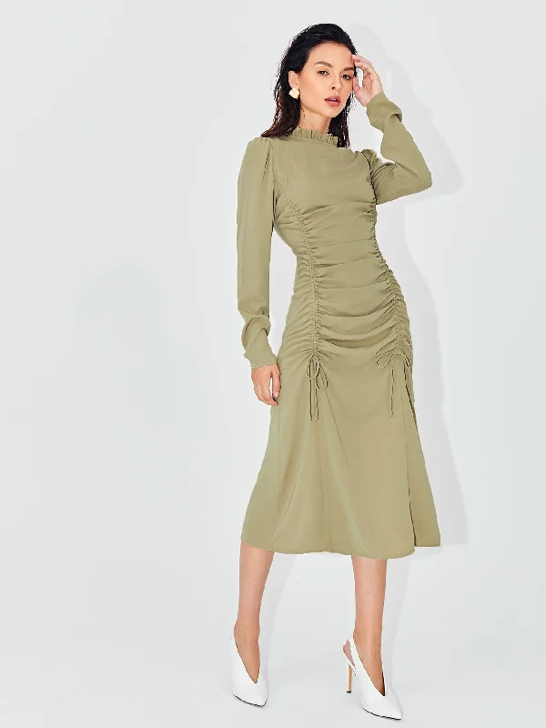 Plain Zipper Long Sleeve Stand Collar Flared Natural Midi Dress