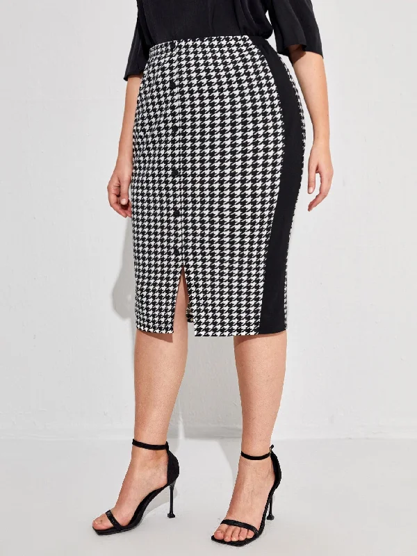 Houndstooth Button Front Midi Plus Size Skirt