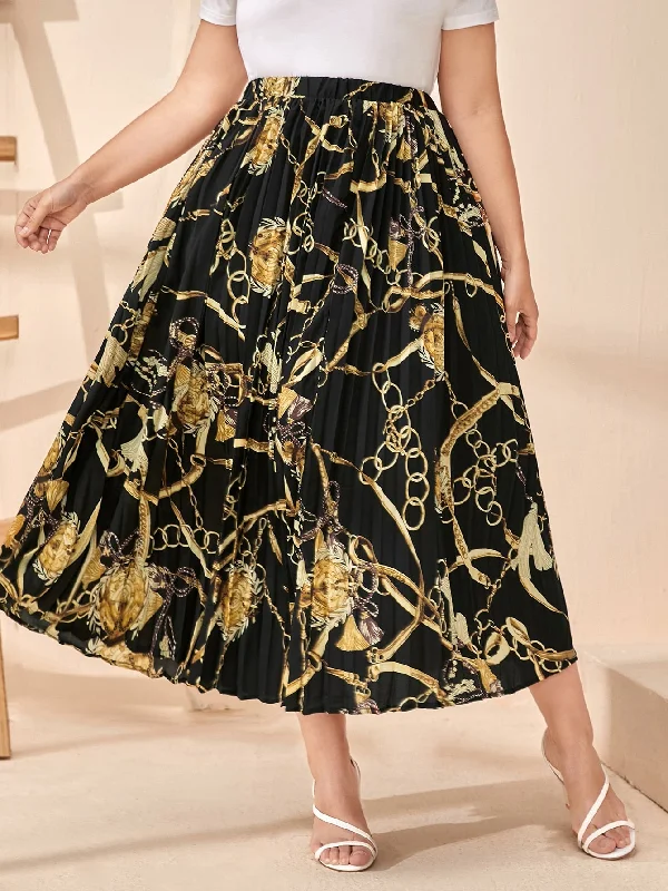 Chain Print Pleated Long Plus Size Skirt