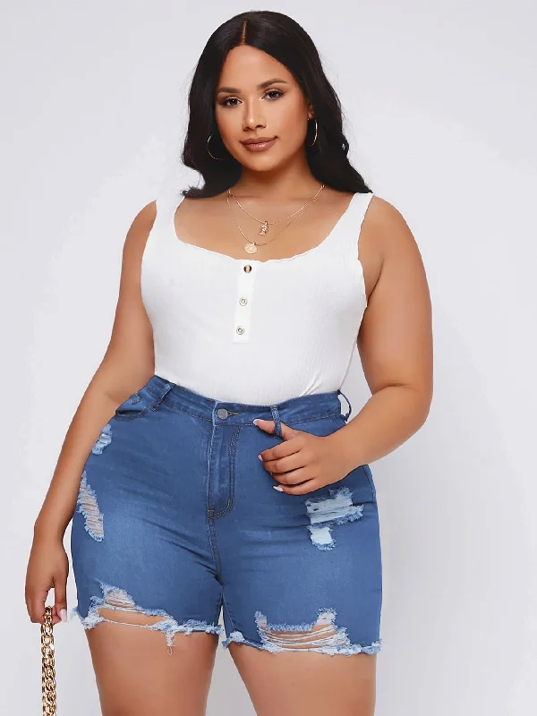 Plain Zipper High Waist Plus Size Denim Shorts