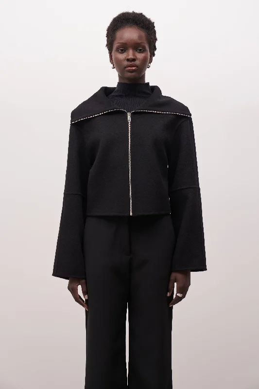 Double Faced Wool Cropped Jacket - Black Geometric