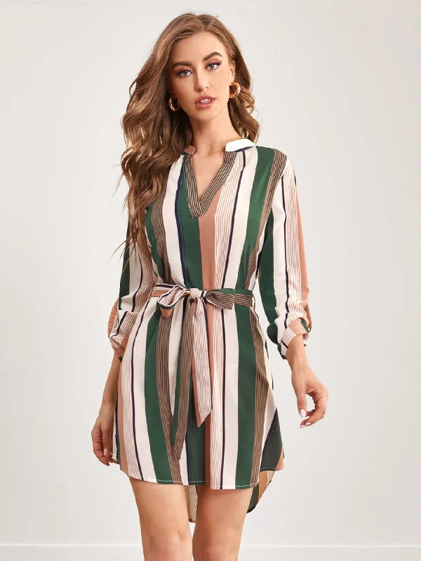 Colorblock High Low Long Sleeve Notched Asymmetrical Natural Short Dress