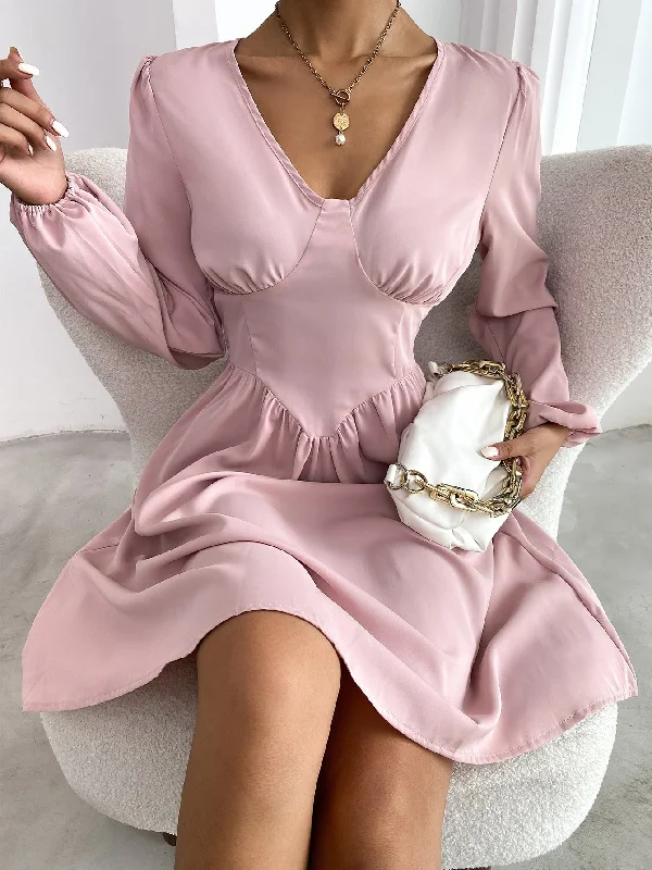 Plain Ruched Bust Long Sleeve V Neck Flared High Waist Knee Length Dress