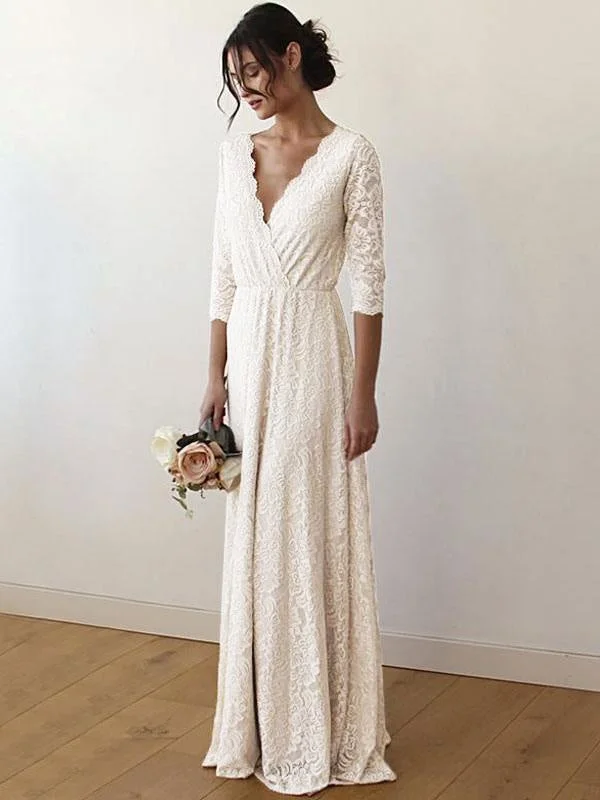 Wedding Dress Floor-Length A-Line 3/4 Length Sleeves V-Neck Lace Bridal Gowns