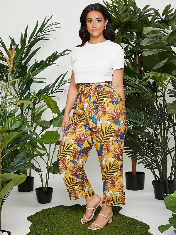 Tropical Paper Bag Waist Long Plus Size Pants