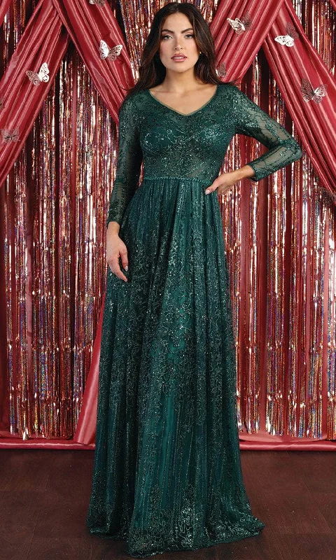 May Queen RQ7920 - Ornated Sheer Bodice Long Sleeve A Line Dress